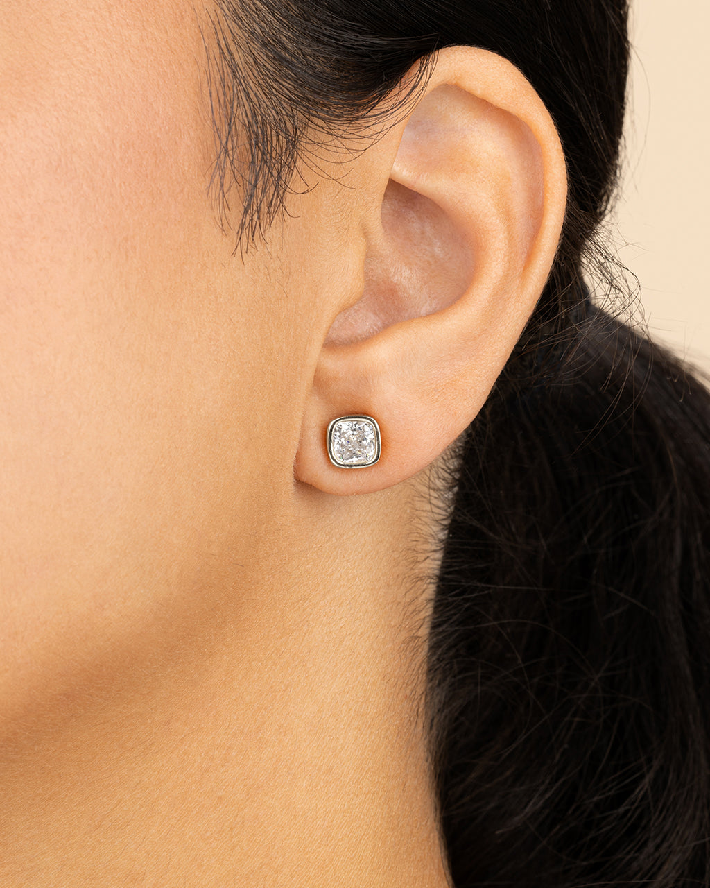 Sterling Silver Cushion Cut Bezel Set Stud Earrings
