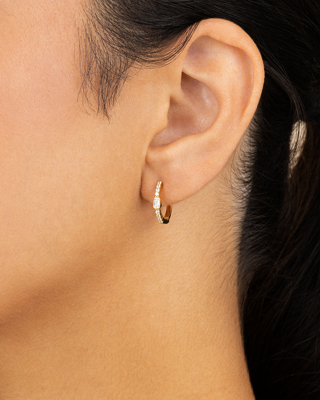 Sterling Silver Emerald Cut Bezel Set Huggie Hoop Earrings