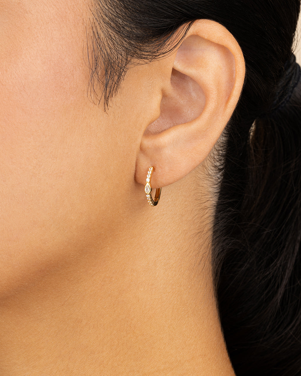 Sterling Silver Pear Cut Bezel Set Huggie Hoop Earrings