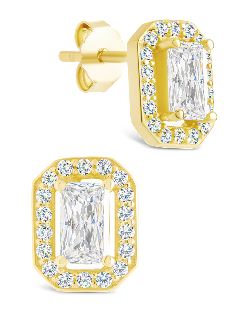 Sterling Silver Emerald Cut Brilliant Halo Studs