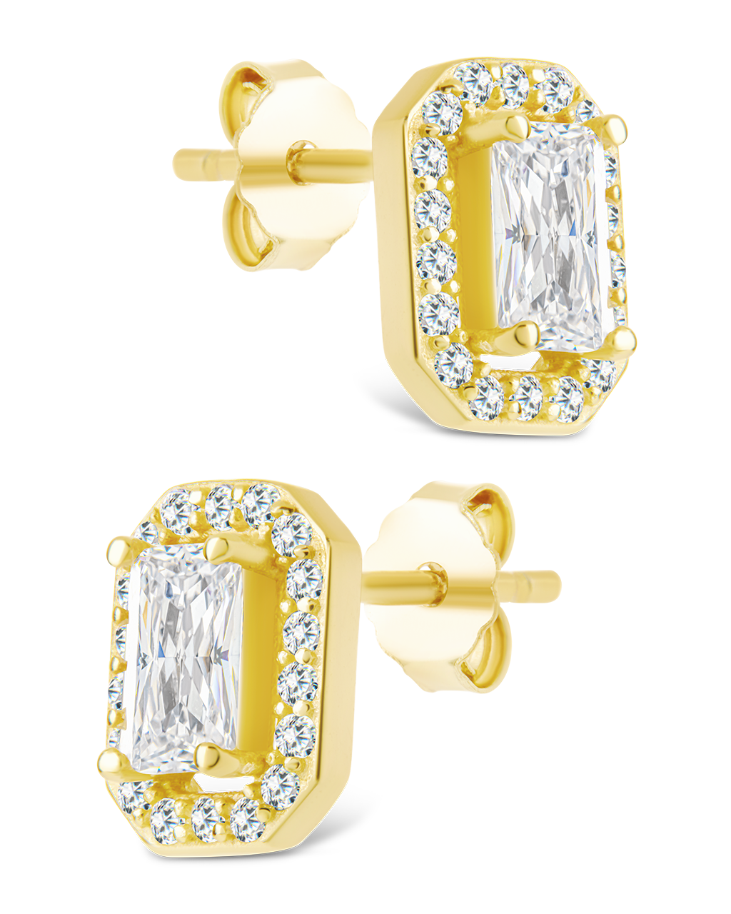 Sterling Silver Emerald Cut Brilliant Halo Studs