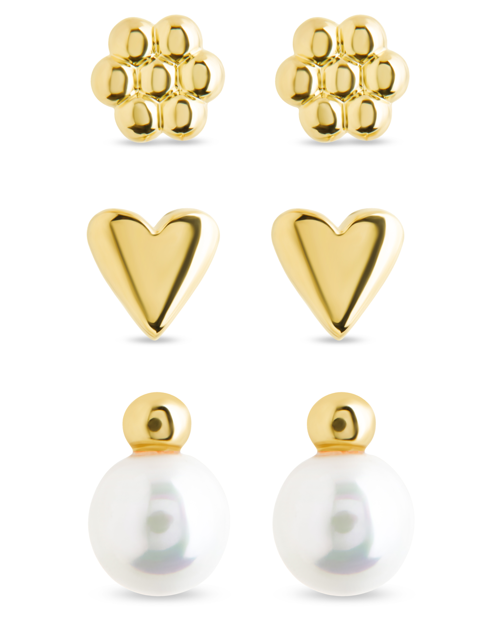 Sterling Silver Irene Pearl, Flower, & Heart Stud Earring Set of 3