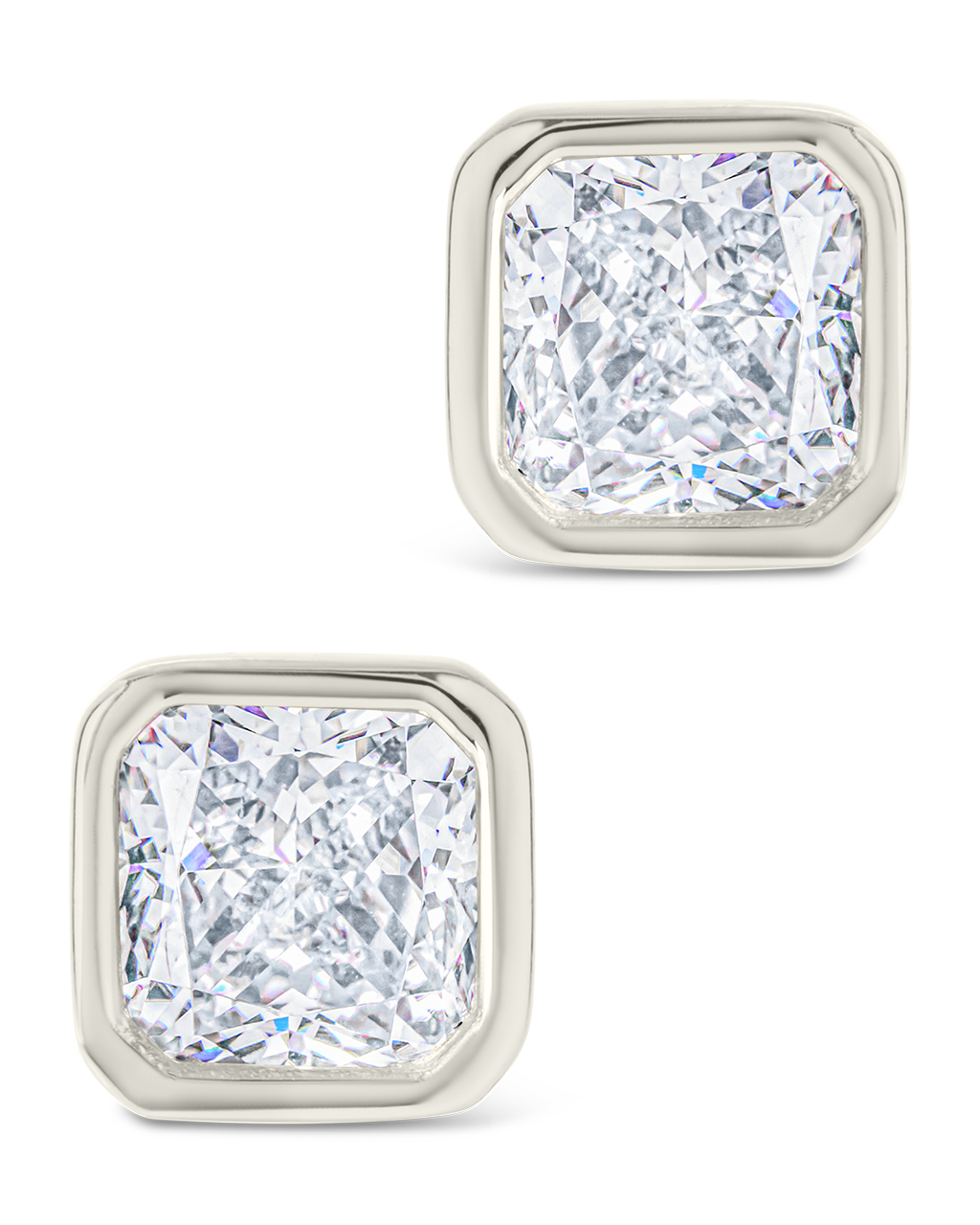 Sterling Silver Asscher Cut Bezel Set Stud Earrings