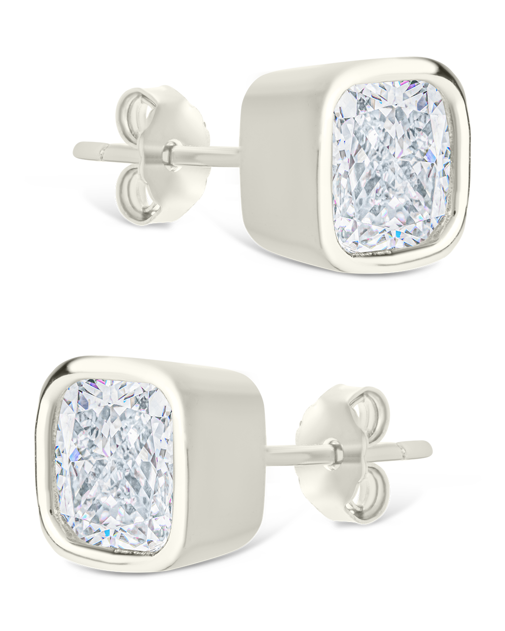 Sterling Silver Cushion Cut Bezel Set Stud Earrings