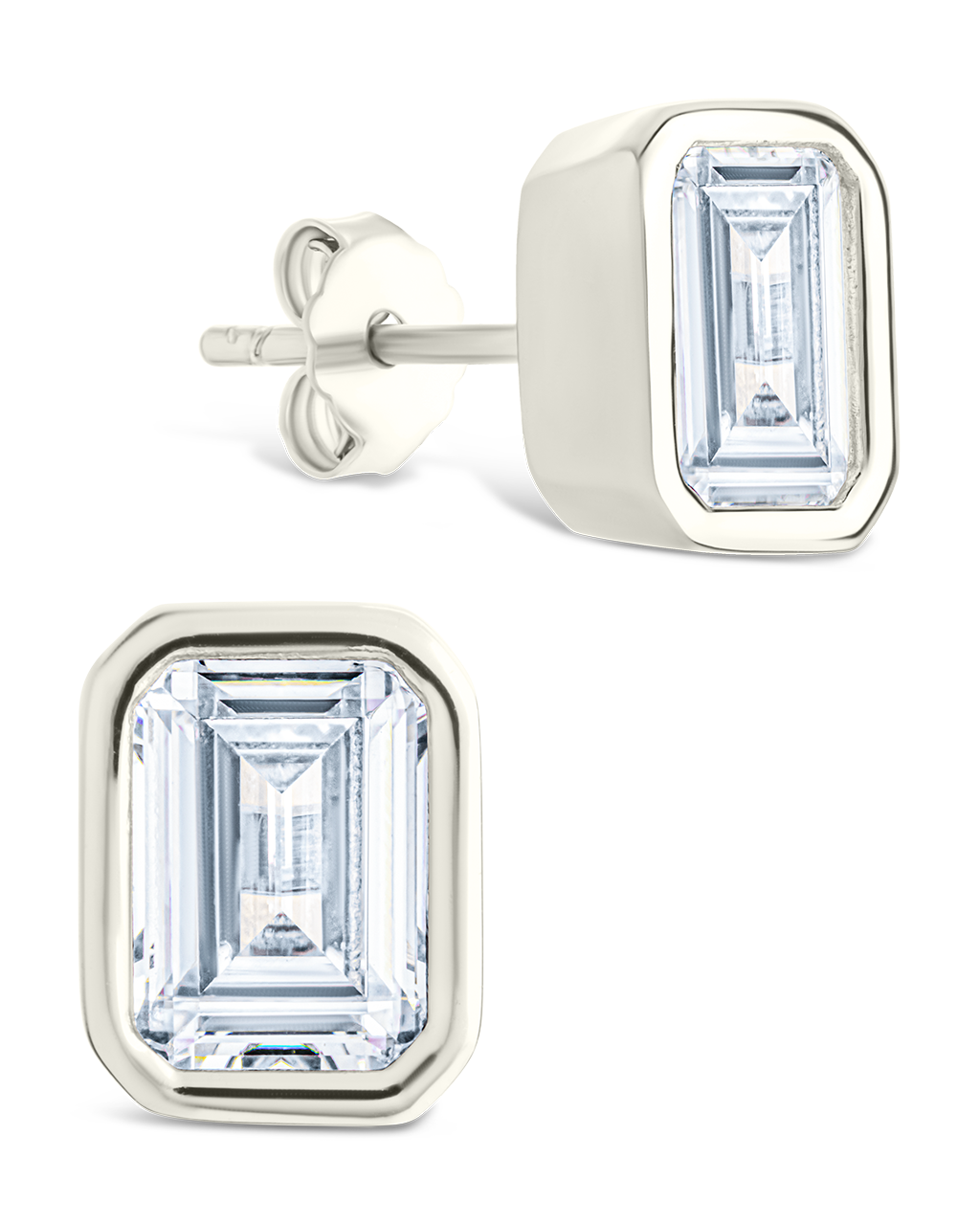 Sterling Silver Emerald Cut Bezel Set Stud Earrings