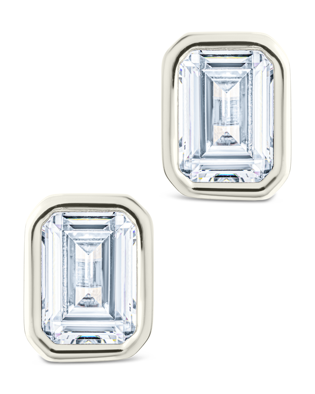 Sterling Silver Emerald Cut Bezel Set Stud Earrings