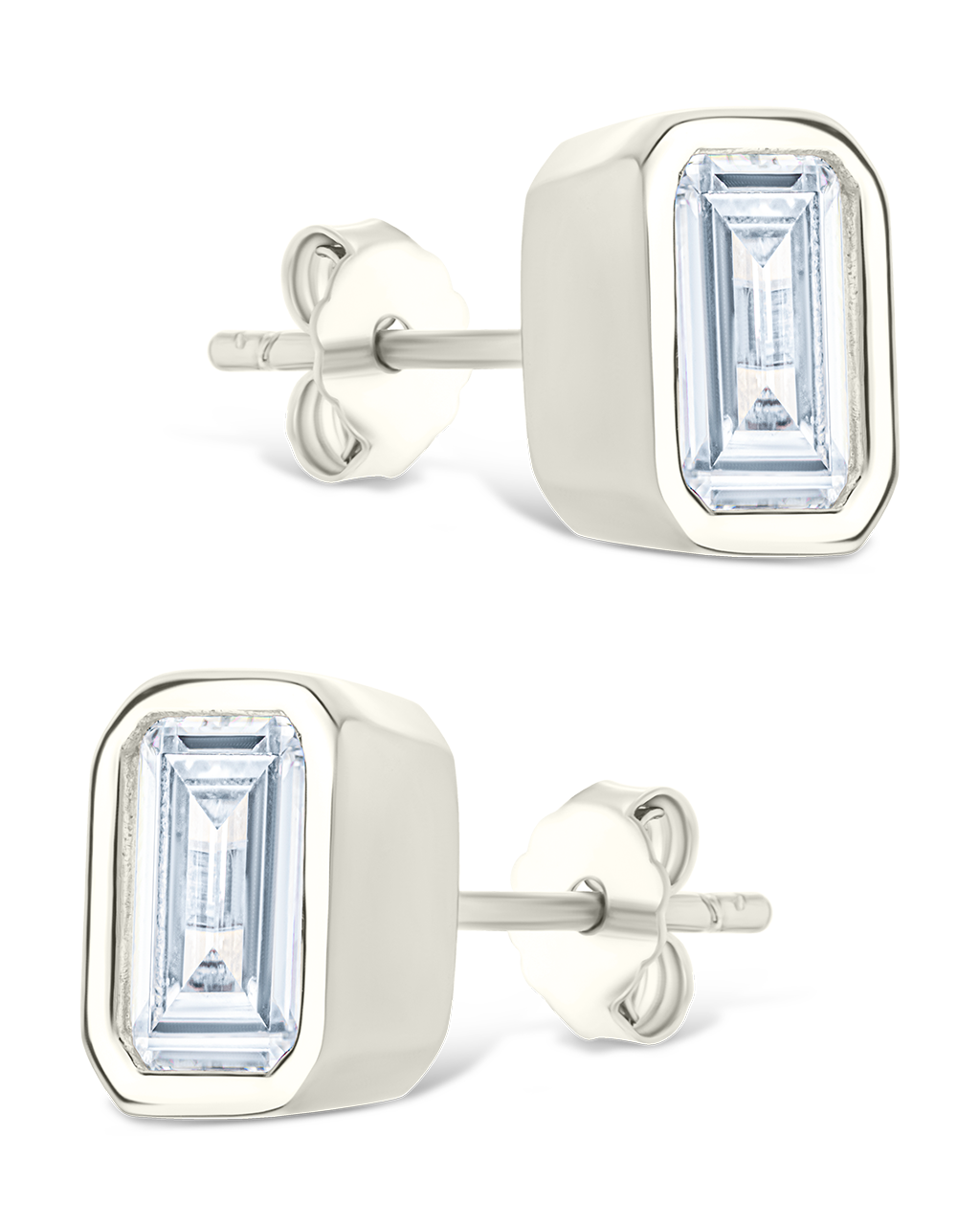 Sterling Silver Emerald Cut Bezel Set Stud Earrings