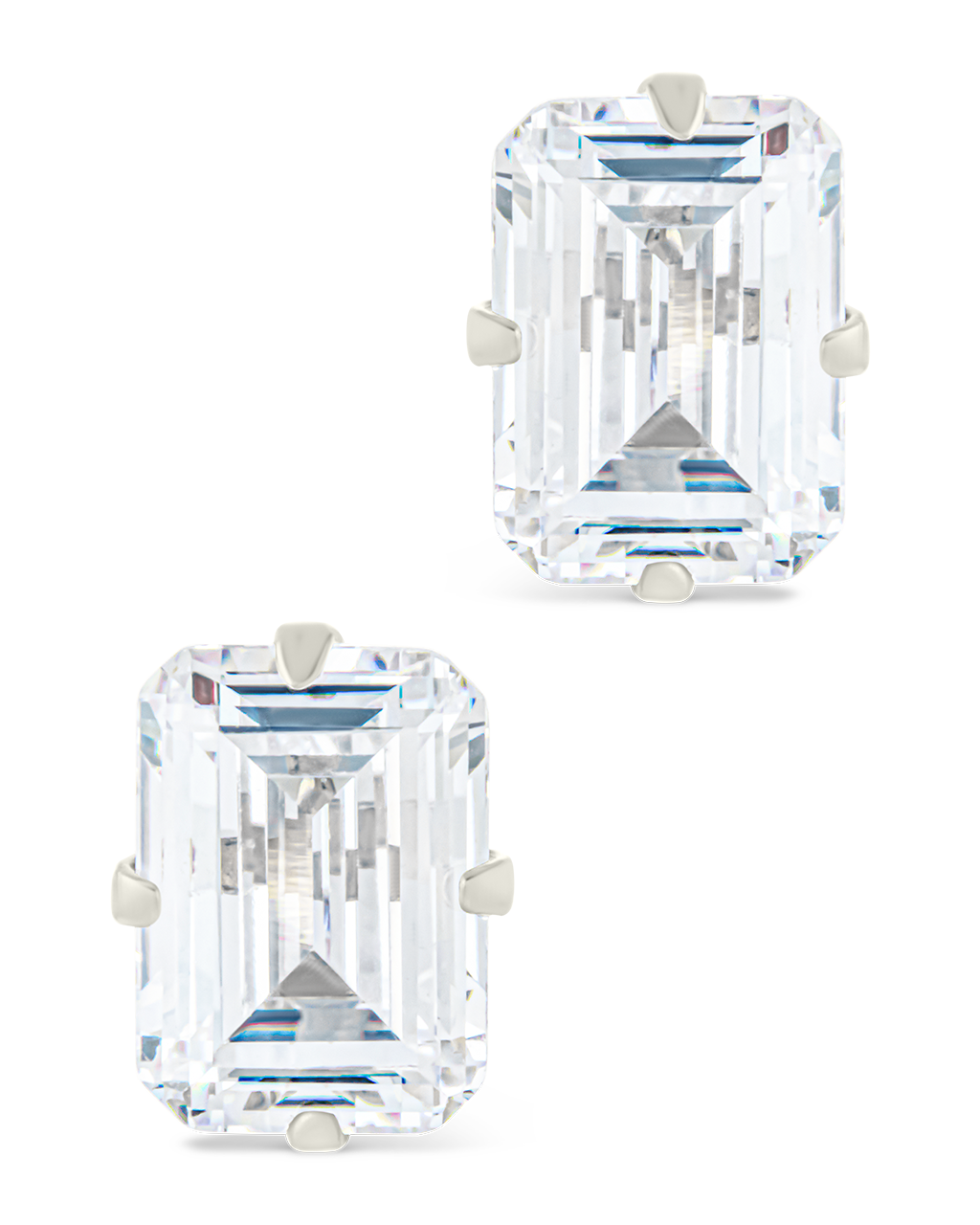 Sterling Silver Emerald Cut Prong Set Stud Earrings