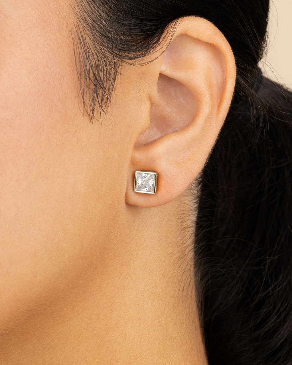 Sterling Silver Princess Cut Bezel Set Stud Earrings