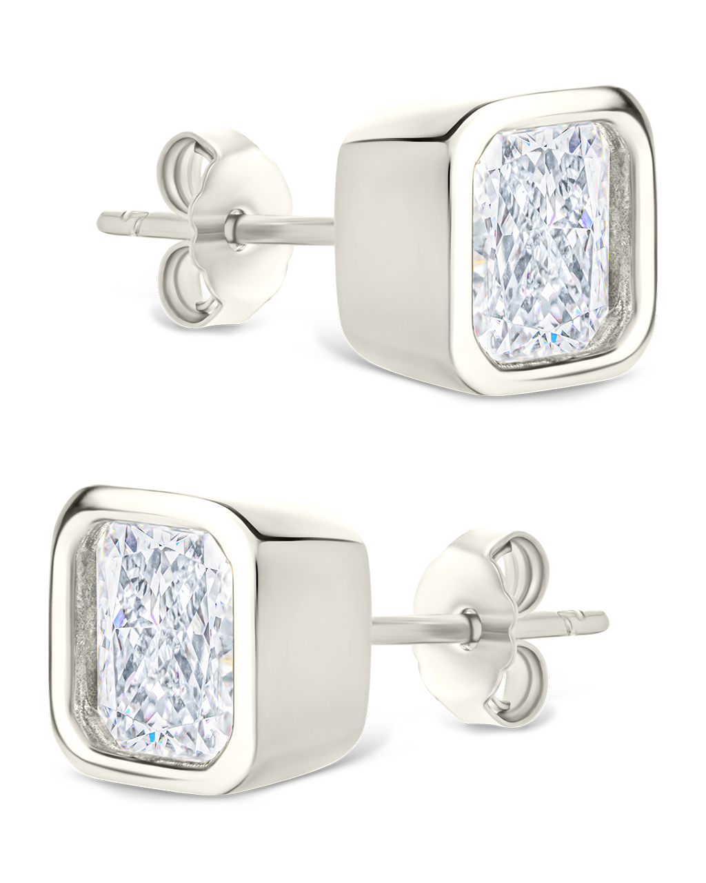 Sterling Silver Radiant Cut Bezel Set Stud Earrings