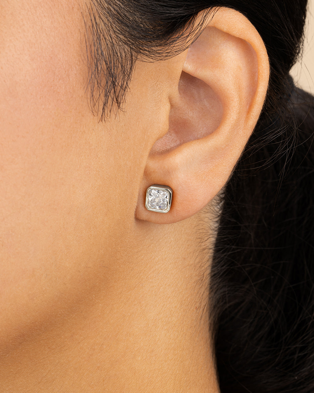 Sterling Silver Radiant Cut Bezel Set Stud Earrings