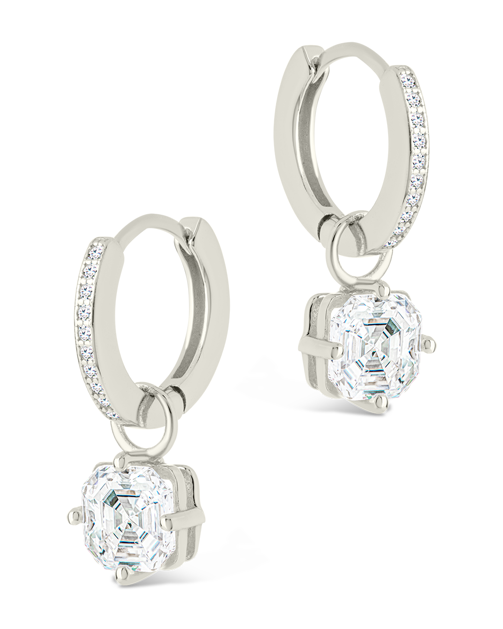 Sterling Silver Augusta Asscher Cut CZ Dangle Micro Hoops