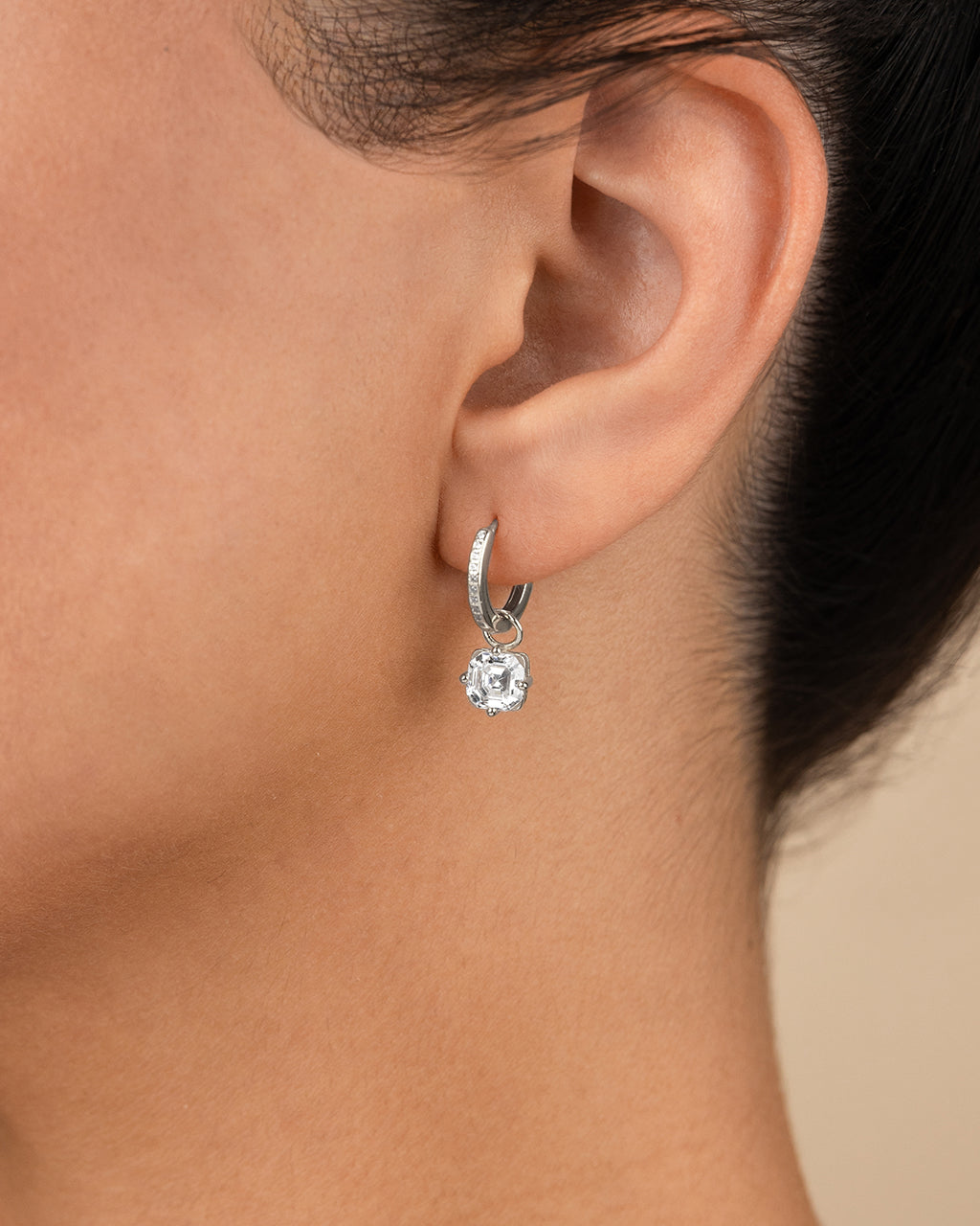 Sterling Silver Augusta Asscher Cut CZ Dangle Micro Hoops