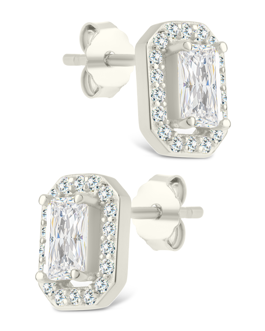 Sterling Silver Emerald Cut Brilliant Halo Studs
