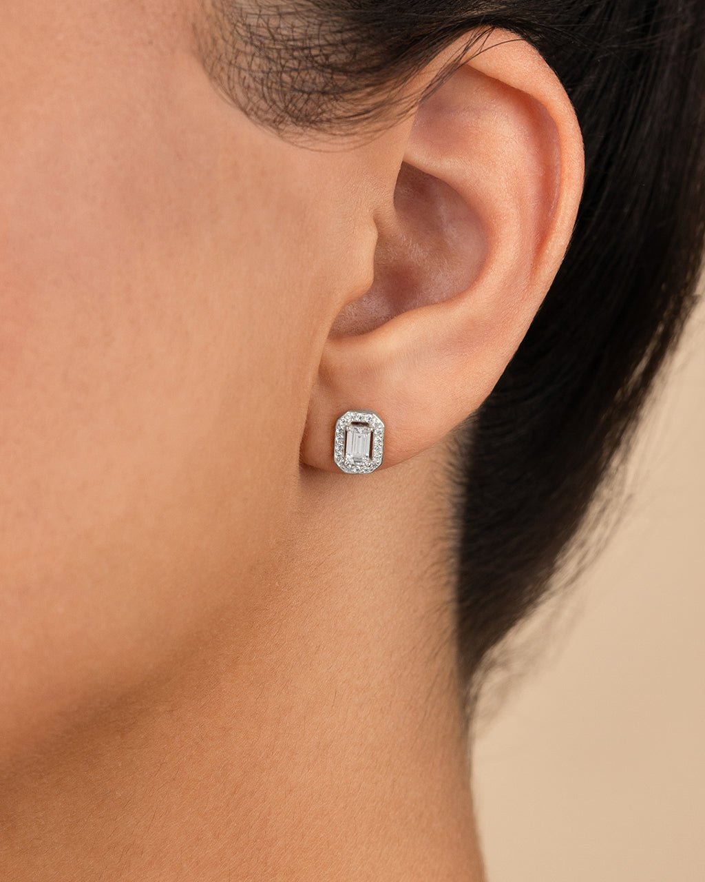 Sterling Silver Emerald Cut Brilliant Halo Studs