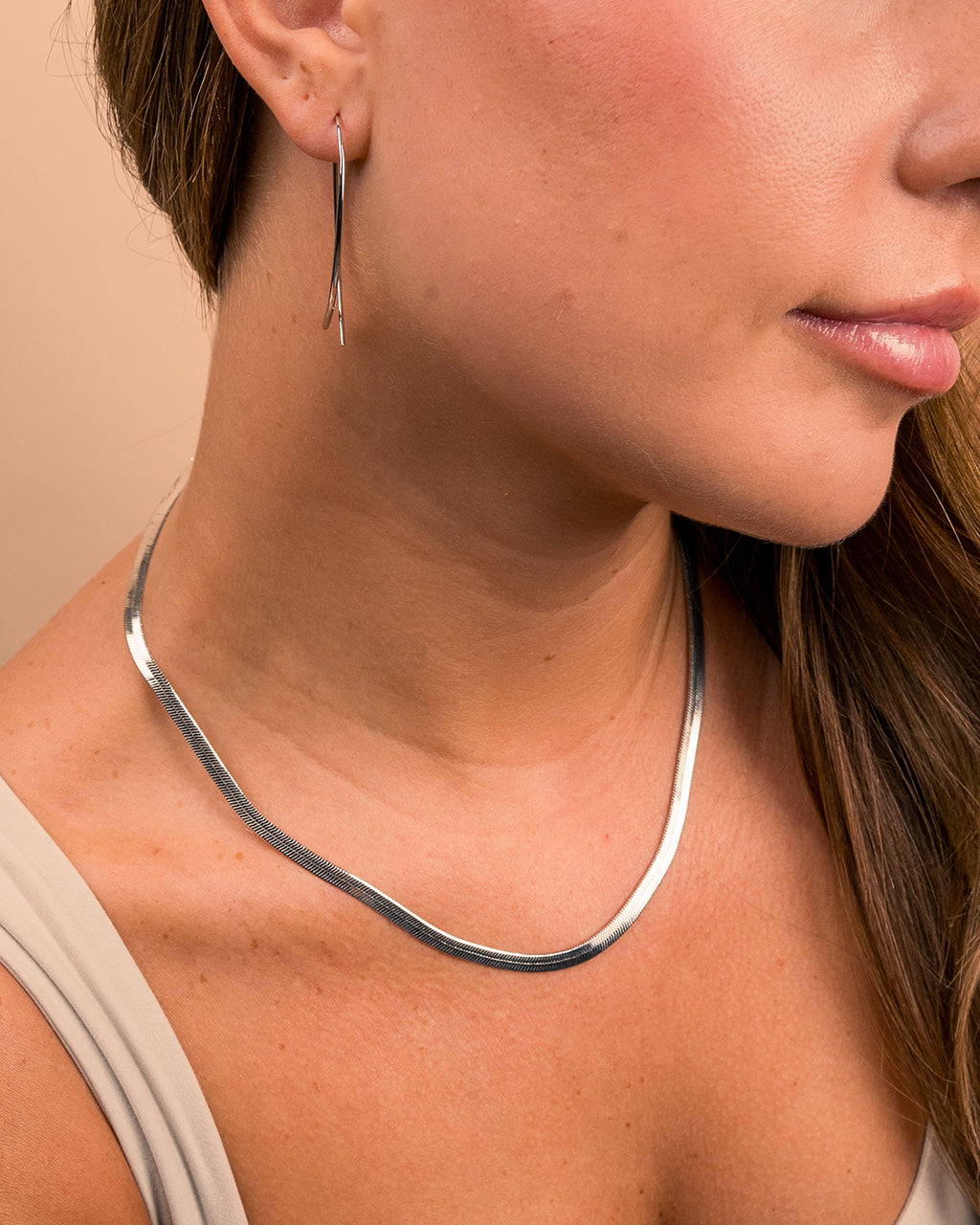 Delicate Threader Hoop Earrings & Herringbone Chain Necklace Set