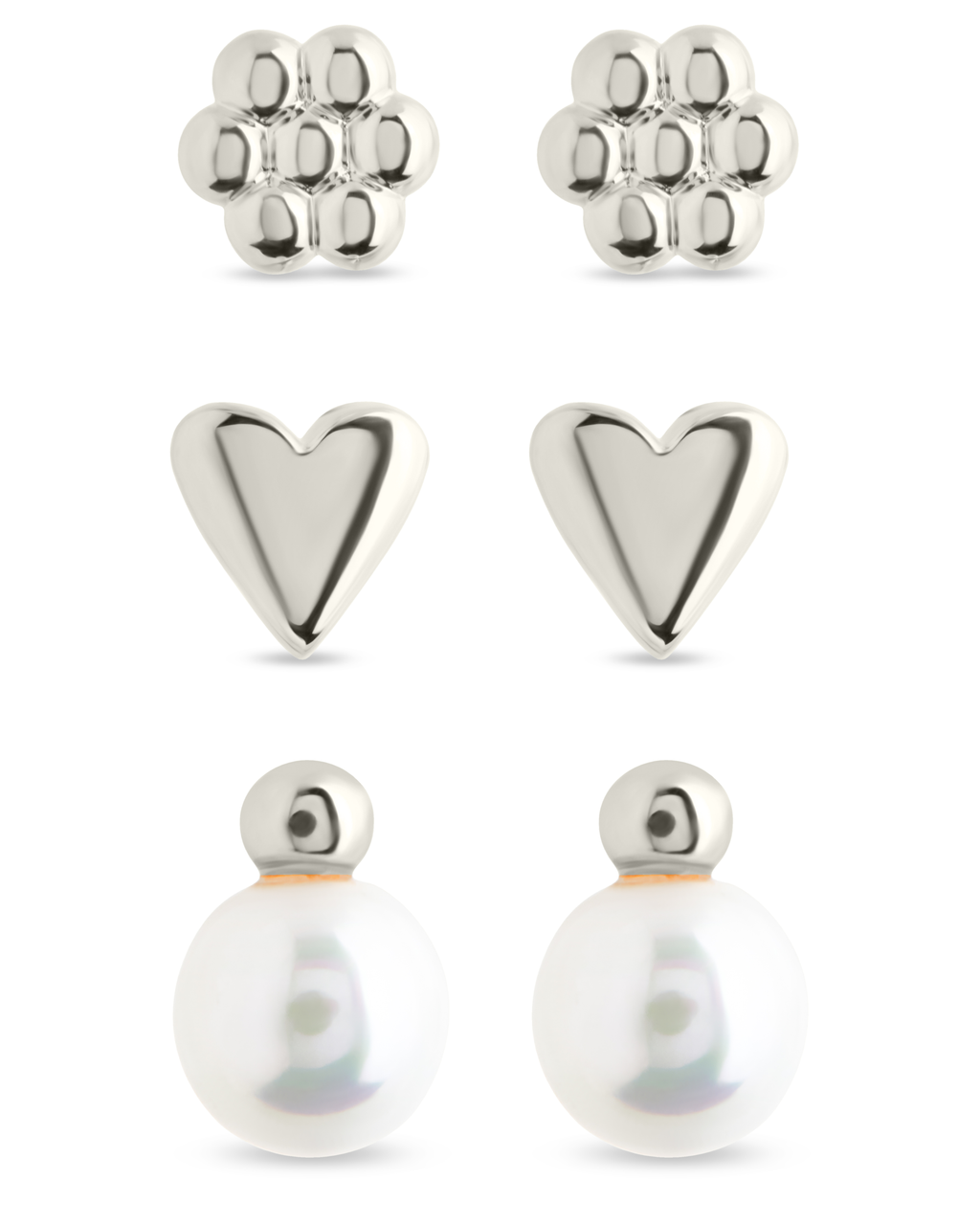 Sterling Silver Irene Pearl, Flower, & Heart Stud Earring Set of 3