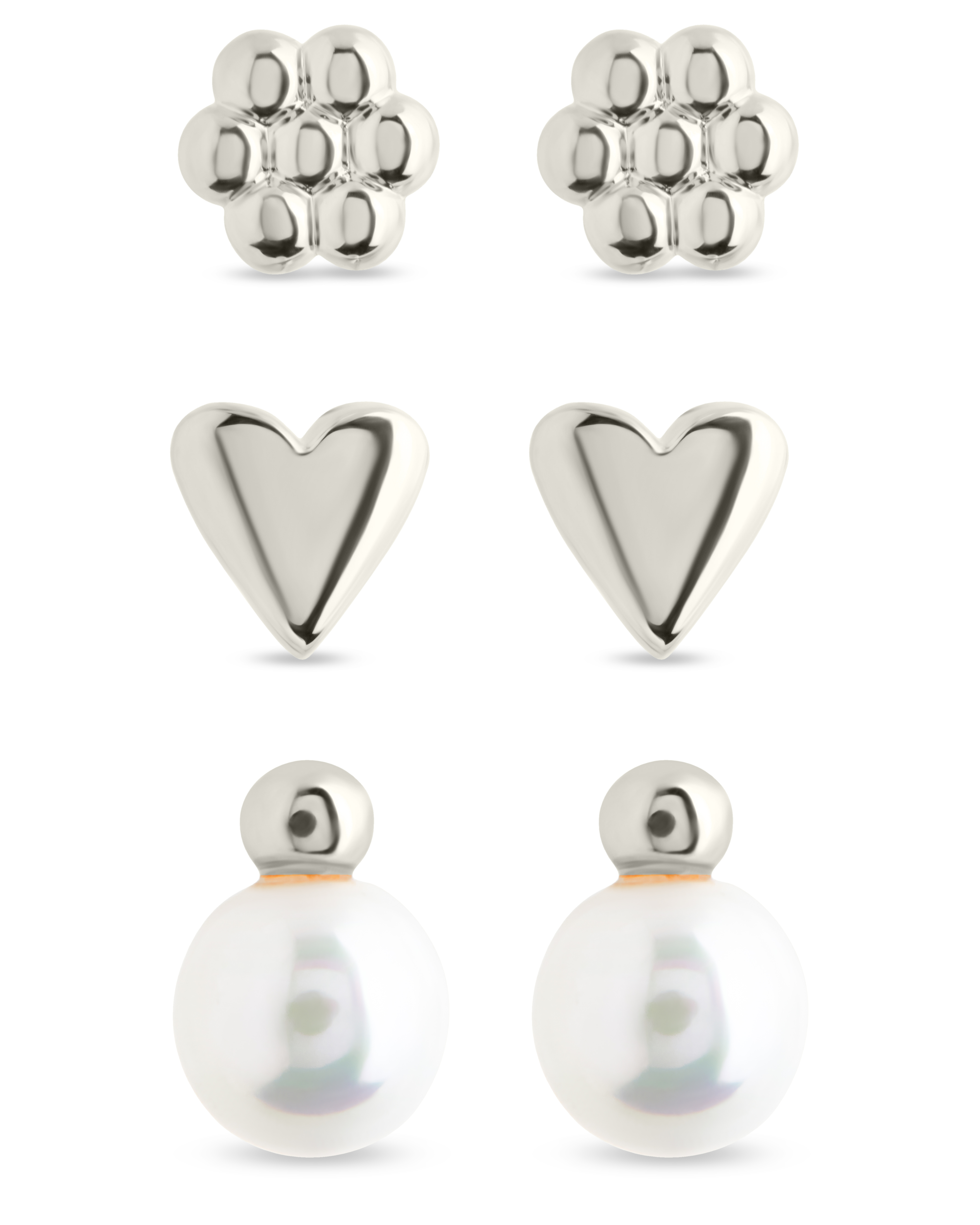 Sterling Silver Irene Pearl, Flower, & Heart Stud Earring Set of 3