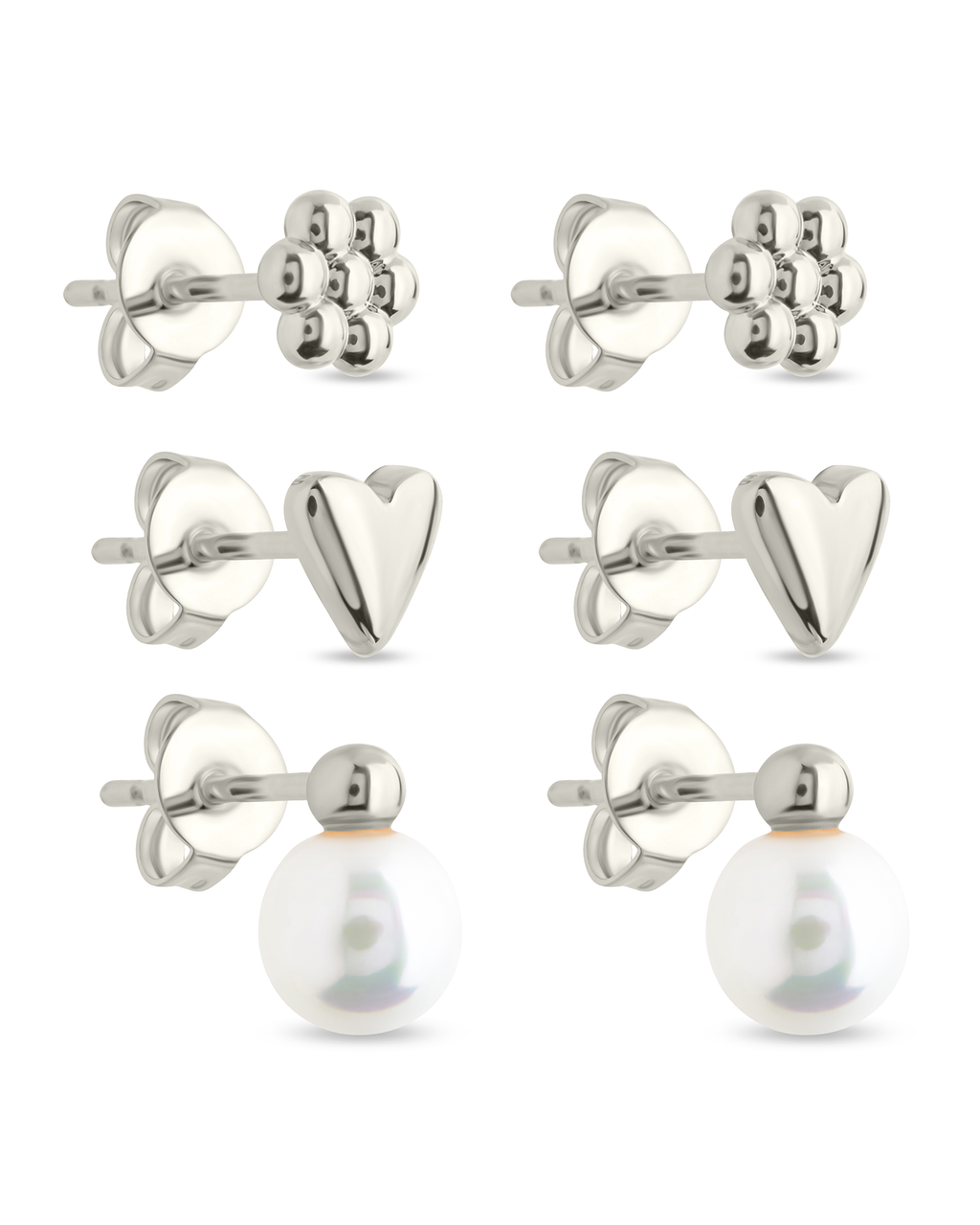 Sterling Silver Irene Pearl, Flower, & Heart Stud Earring Set of 3