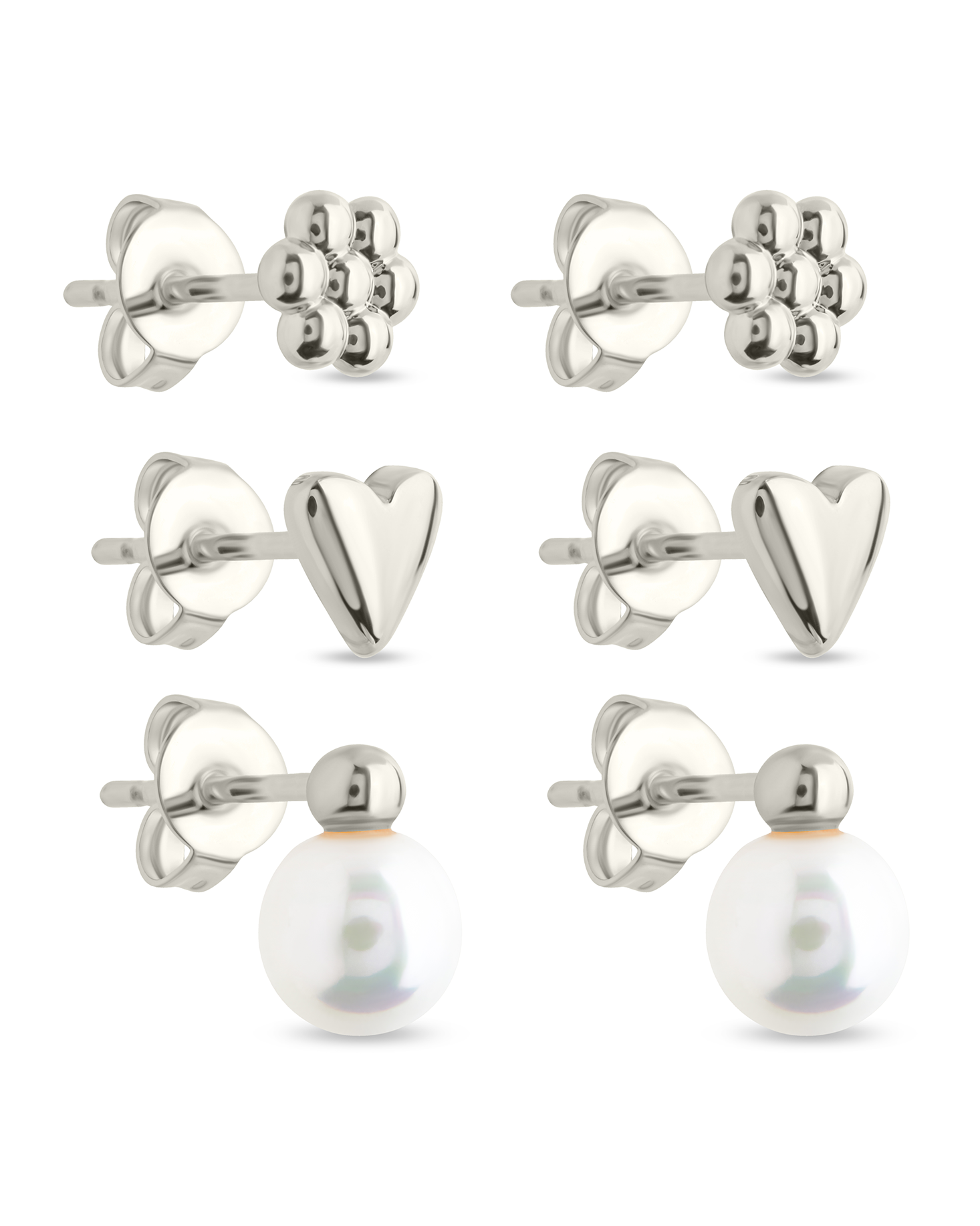 Sterling Silver Irene Pearl, Flower, & Heart Stud Earring Set of 3