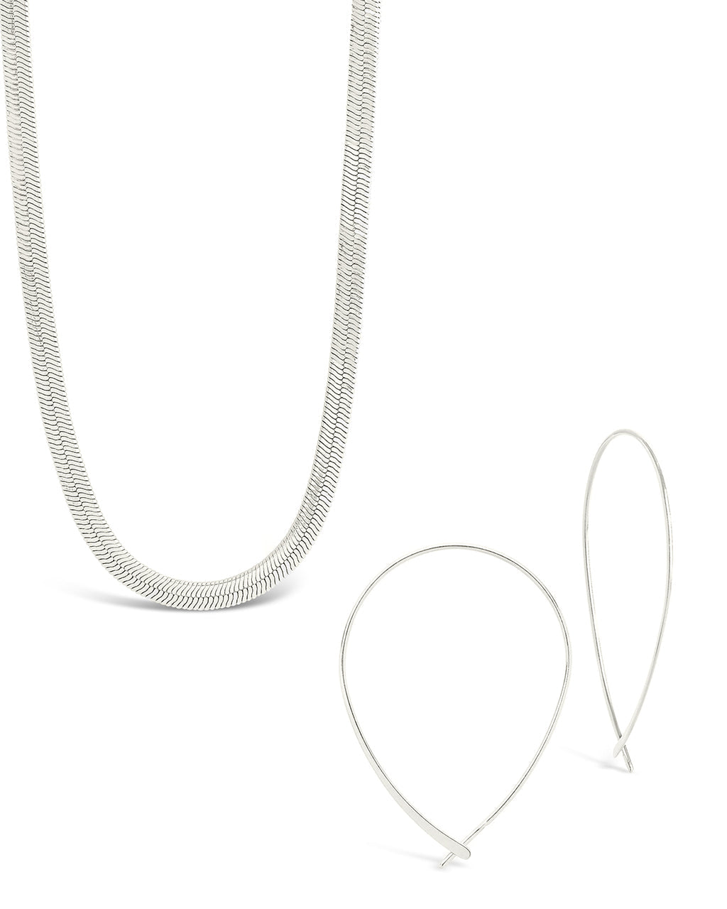 Delicate Threader Hoop Earrings & Herringbone Chain Necklace Set