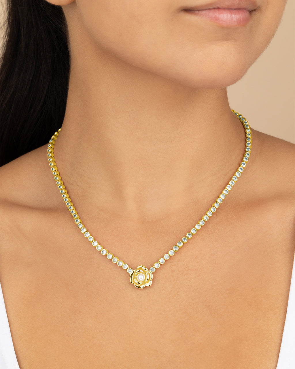 Rosa Pearl Flower CZ Tennis Necklace