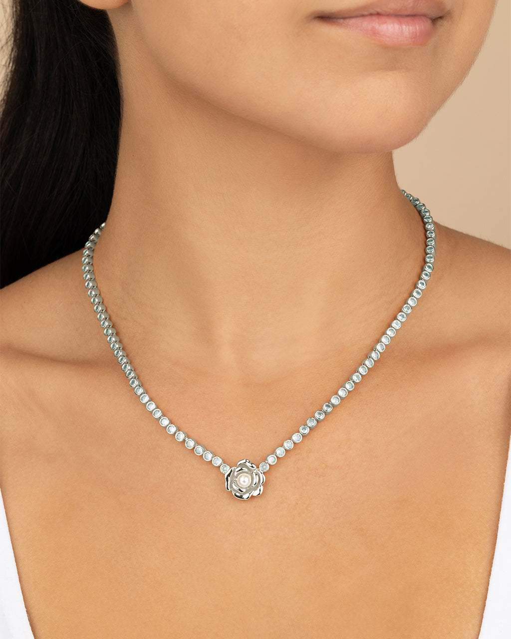 Rosa Pearl Flower CZ Tennis Necklace