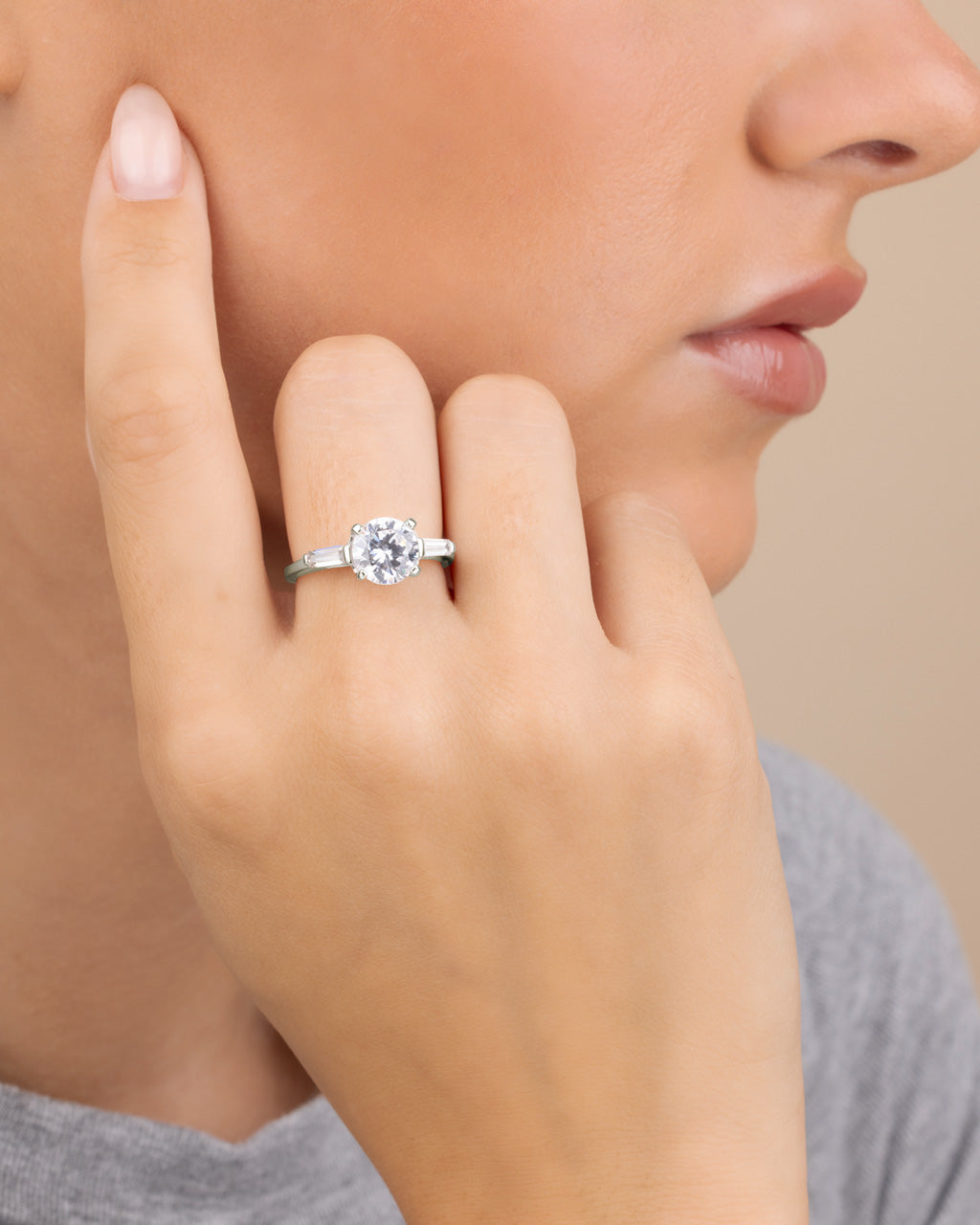 Sterling Silver 4-Prong Brilliant Cut & Baguette Accent Engagement Ring