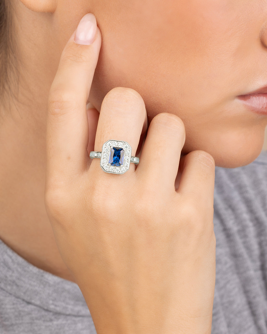 Sterling Silver Emerald Cut Sapphire CZ Cocktail Ring